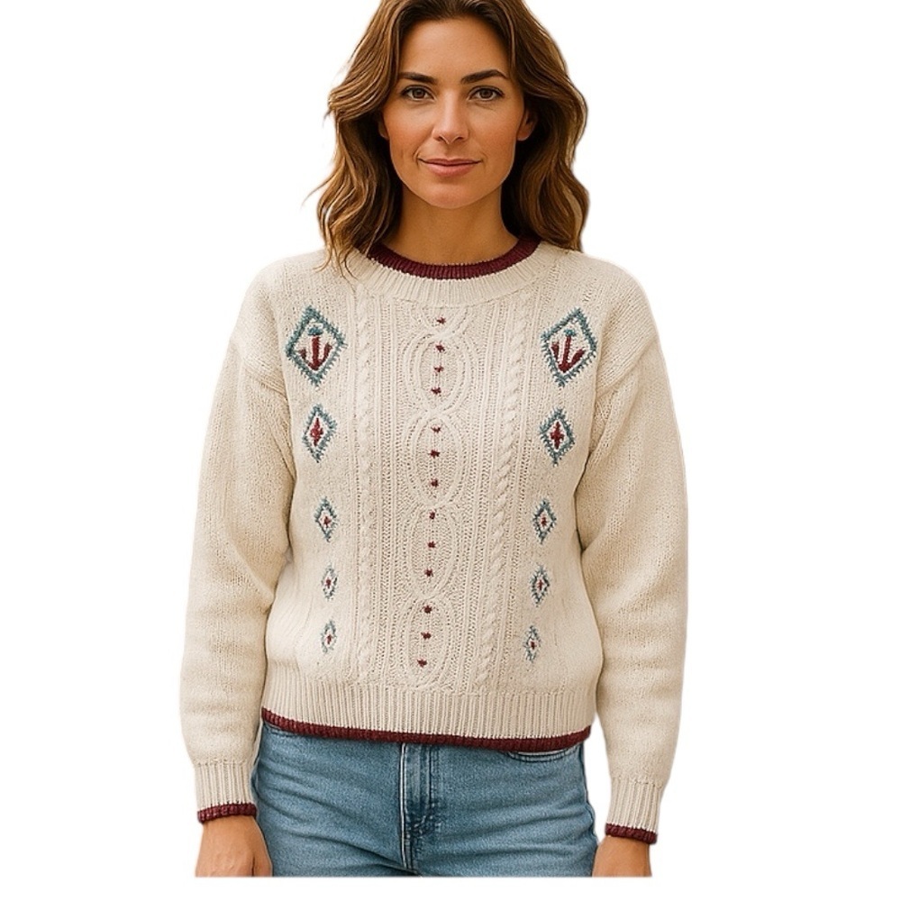 Vintage Pykettes Gray Burgundy Cable Knit Fair Isle Sweater Small